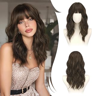RUWISS Brown with Highlights Long Wavy Wig with Fringe for Women, 20 Inch Layered Wig Women, Natural Synthetic Heat Resistant Wigs for Everyday Party Cosplay Halloween 50 inches Brown with highlights