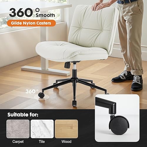 Miniatura 6 de Sweetcrispy Silla cruzada con ruedas, asiento ancho de piel sintética sin brazos, silla de tocador de escritorio de oficina, cómodas sillas