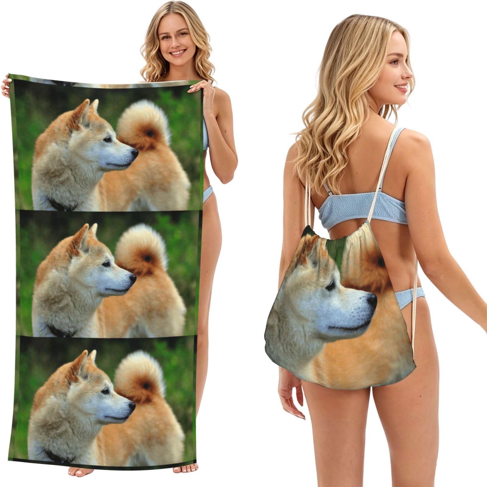 Poadnly As Picture Akita Inu Bokeh Pets Dogs Akita Inu, 2 In 1 Packable Towel Bag, Beach Towels With Drawstring Backpack For Travel Holiday Camping
