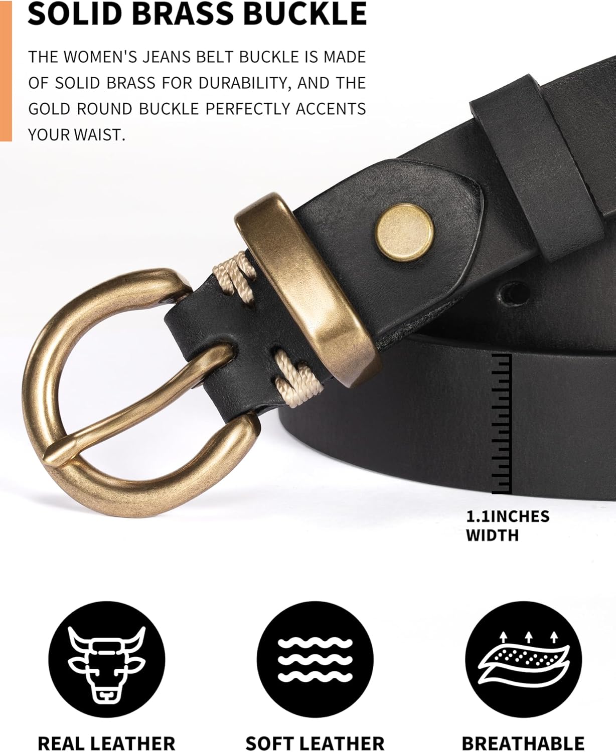 Womens Belts for Jeans Genuine Leather Belt Vintage Solid Brass Circle buckle Gift Box Packaging - Image 5