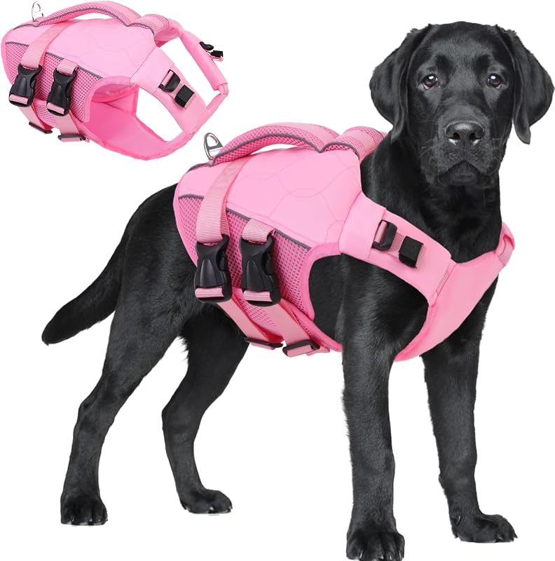 Colete Salva-Vidas para Cães ASENKU com Flutuação e Alça de Resgate, Rosa-Claro, 2XL