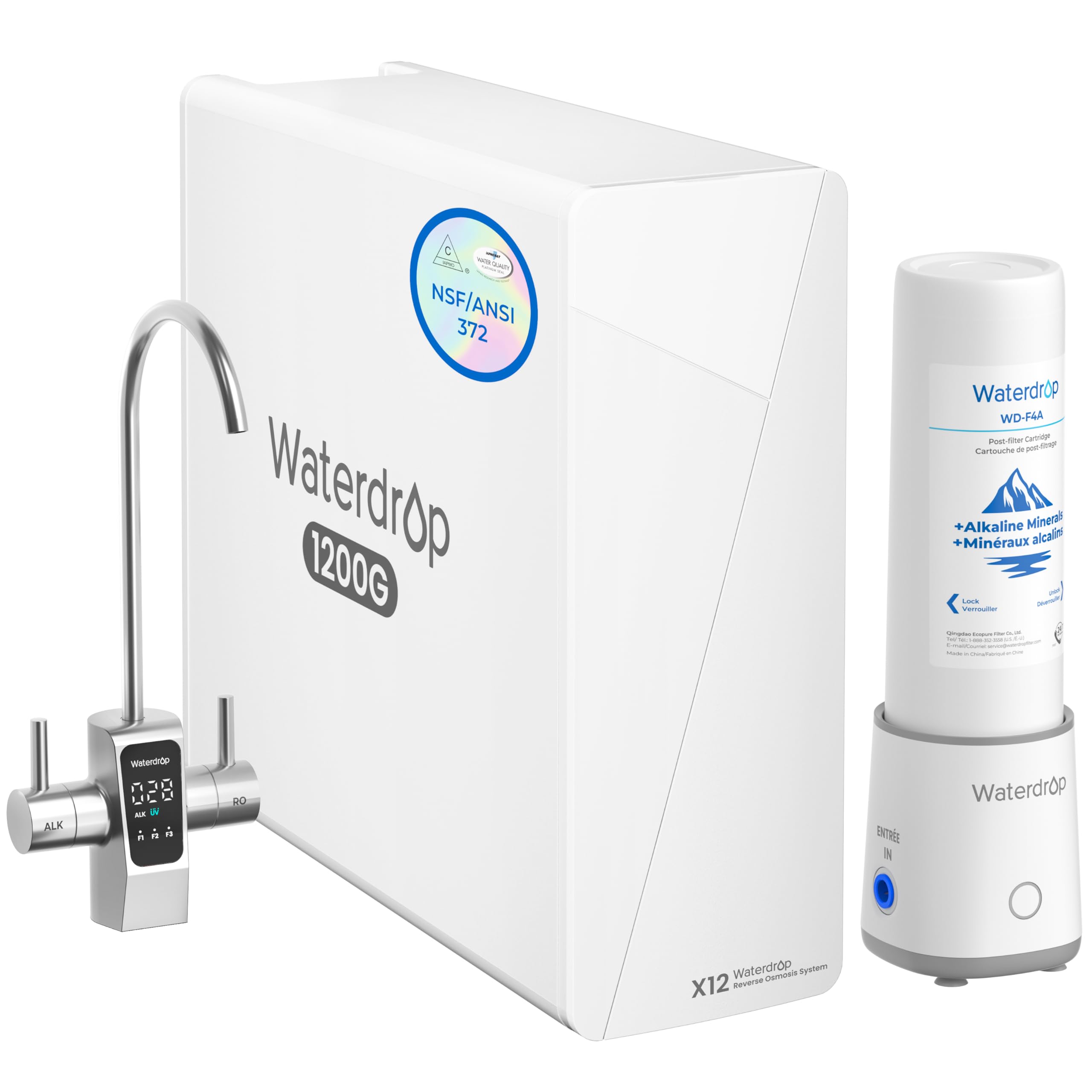 Waterdrop X12-Plus Dual Flow Reverse Osmosis Water Filter, Alkaline Mineral pH+, 1200 GPD Undersink RO System, 12-Stage Filtration Tankless RO, Dual Flow Faucet (RO & Mineral Water), BPA Free