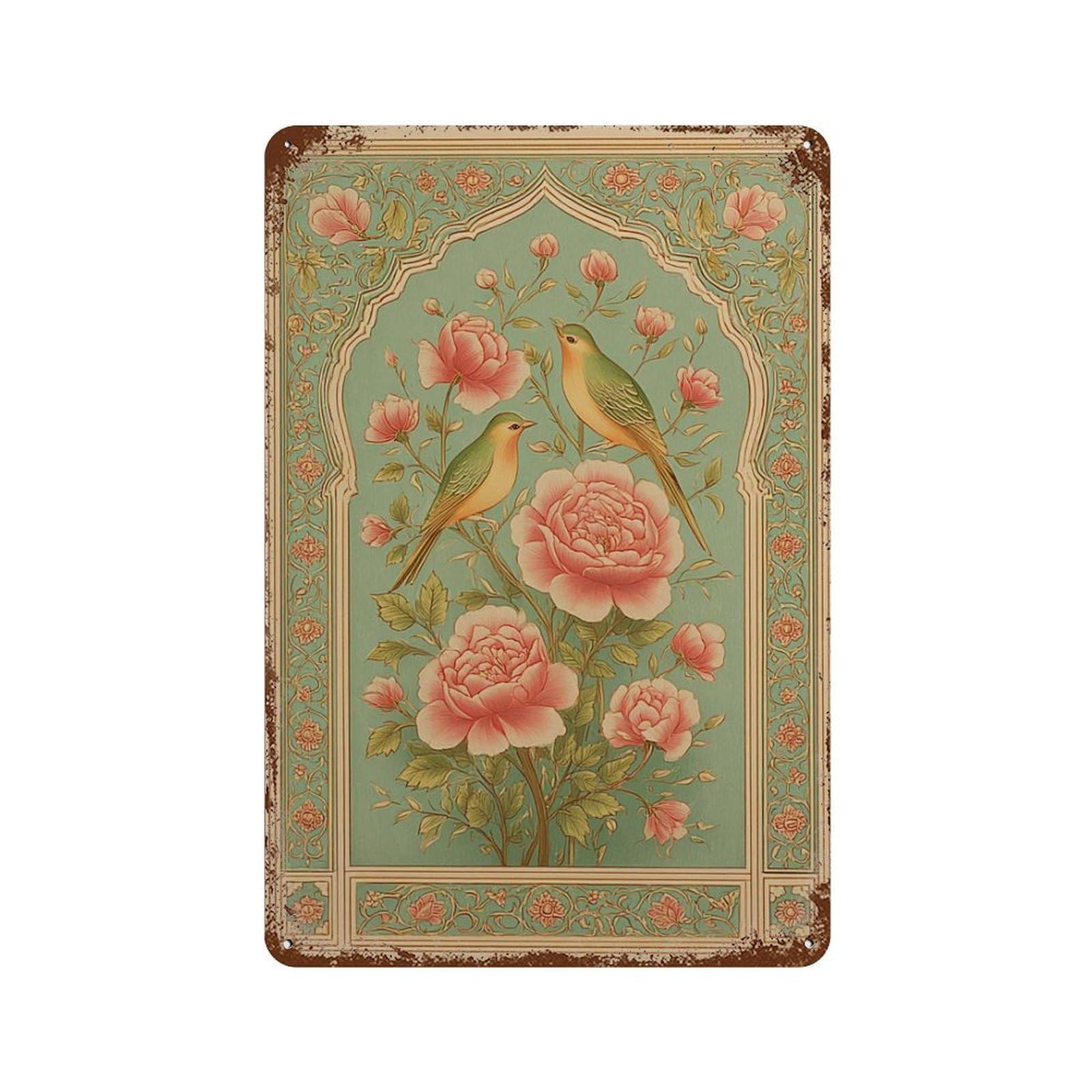 xiaoxiaoshen Persian Bird And Floral Botanical Oriental Pattern Exotic Peony Green Gold Wall Decor Art Metal Tin Poster Modern Home Decor Art Home Bar Shop Decorations Vintage Sign 30x20cm