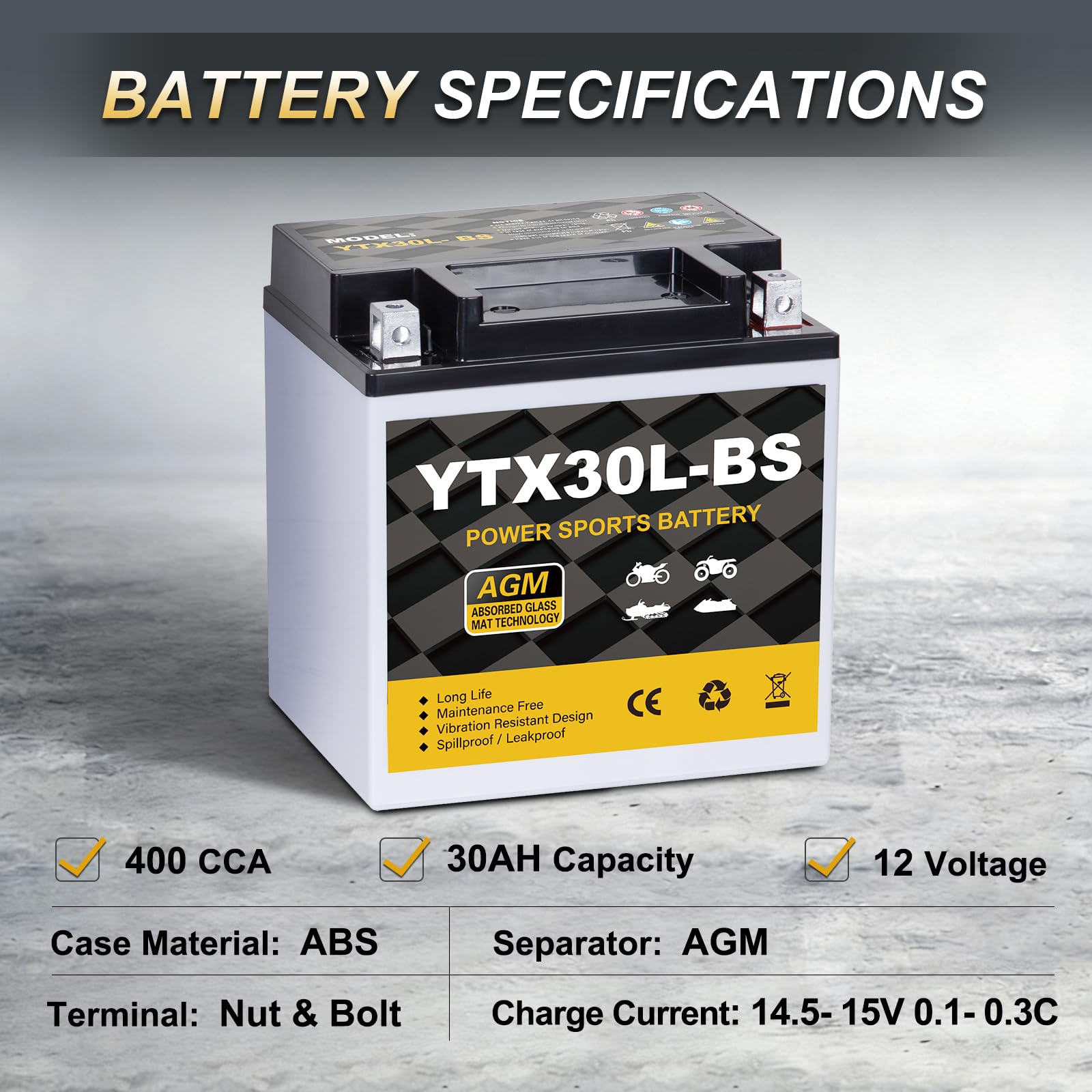 YTX30L-BS Motorcycle Battery 12V 30Ah 400CCA, Maintenance Free Sealed AGM Powersport Battery, Replacement for ATV UTV Harley, YTX30L-BS / ETX30LA / YIX30L - 3