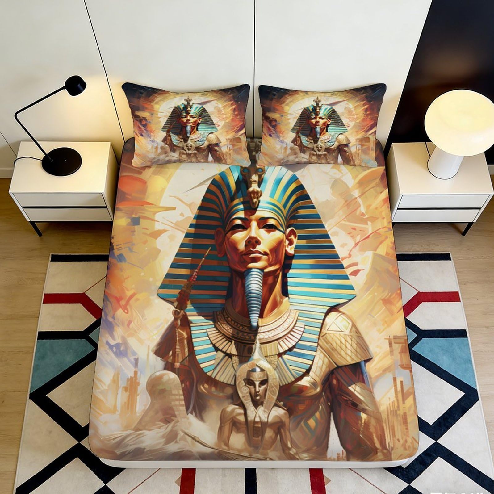 3D Printed Egyptian Pharaoh Fitted Sheet Microfiber Soft Durable Ancient Art Bed Cover for Bedroom Dormitory Guest Room Mattress Protection 180x200x25cm