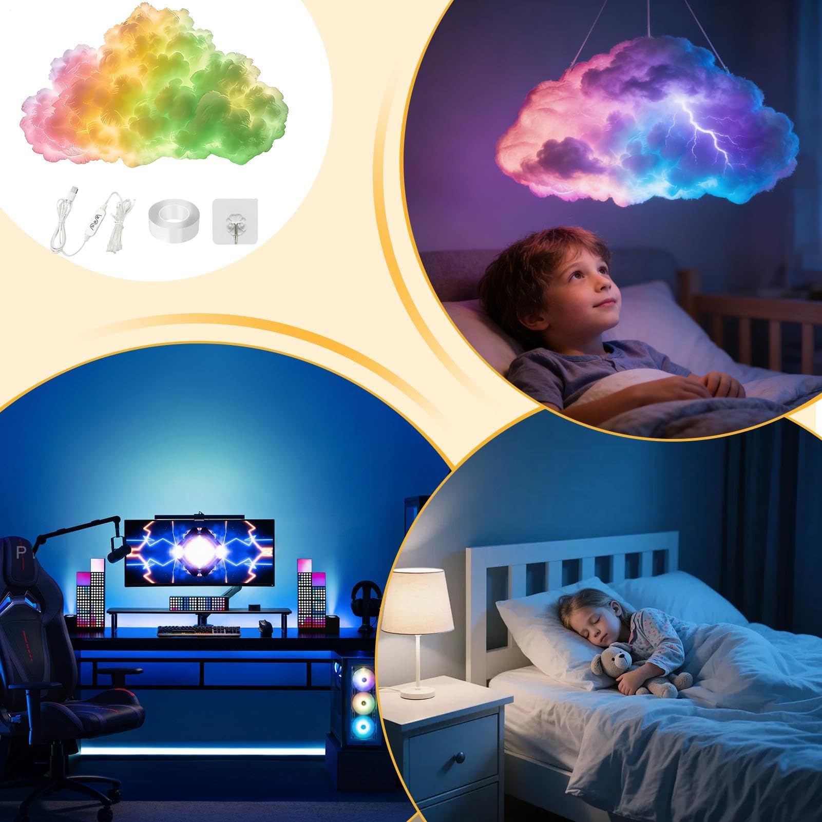 Rathalos - Luce notturna a LED 3D, alimentata tramite USB, set di luci a nuvola ritmica musicale, per camera da letto e sala giochi, brillante illuminazione USB cloud