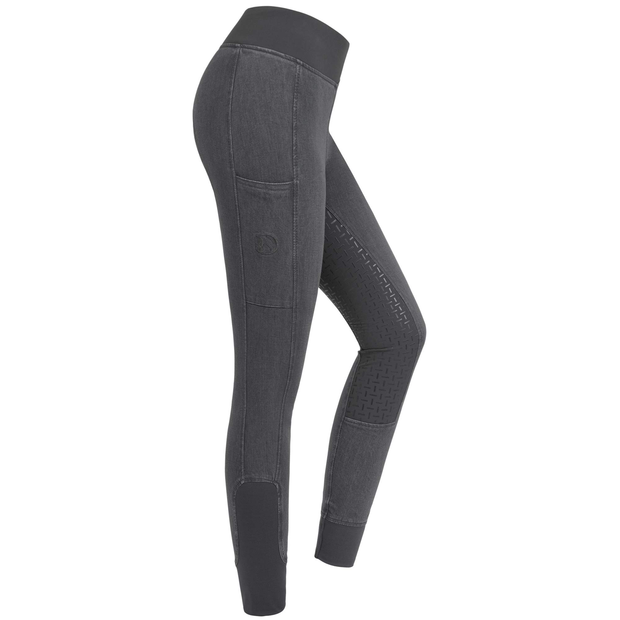 RIDERS CHOICE RidersDeal - Leggings da Equitazione in Denim da Donna con Finiture in Silicone e Tasca per Cellulare, Collezione RidersDeal