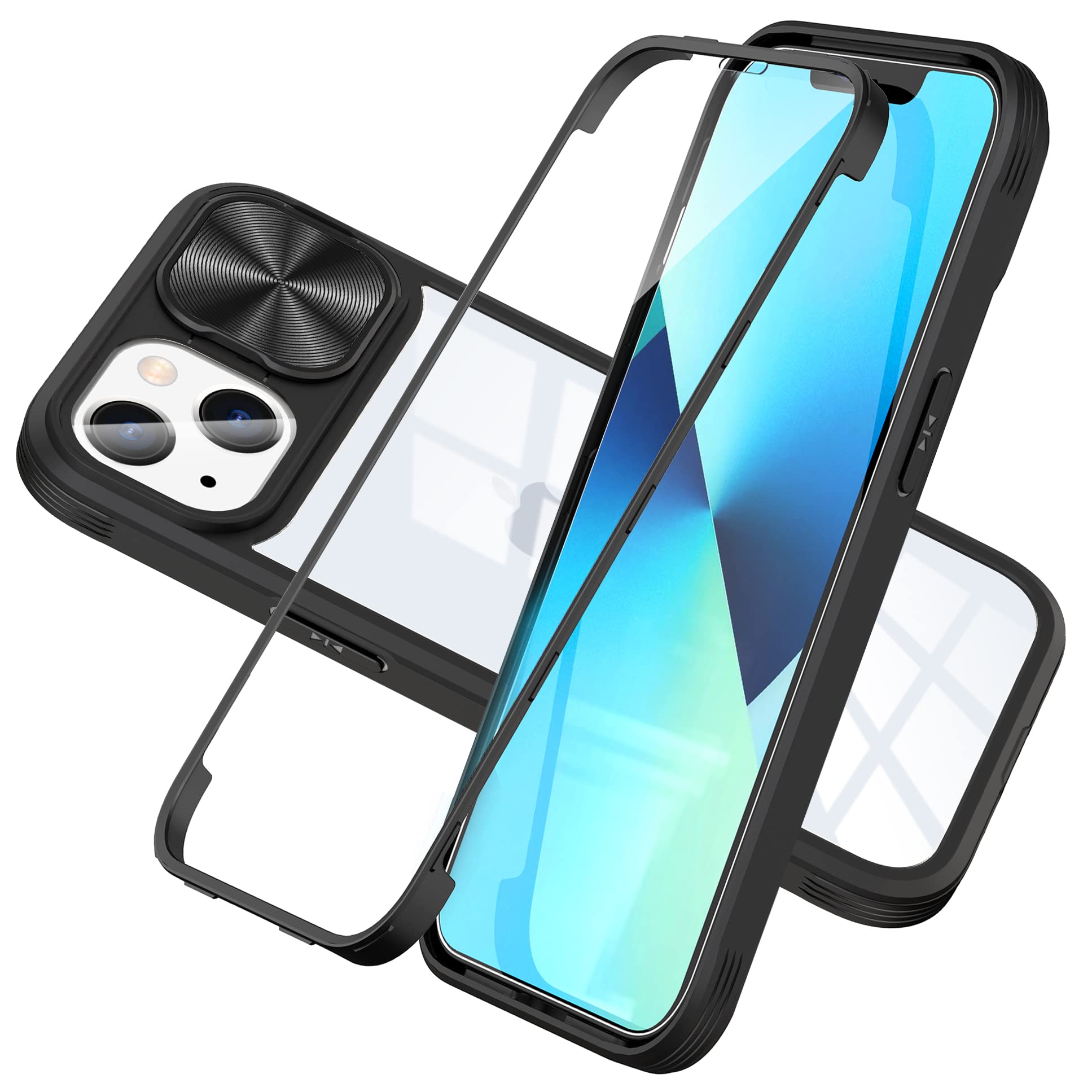 Cover 2in1 Per IPhone 14: Custodia Ibrida Antiurto Full Body 360° Con Protezione Fotocamera Scorrevole (Trasparente+Nero)