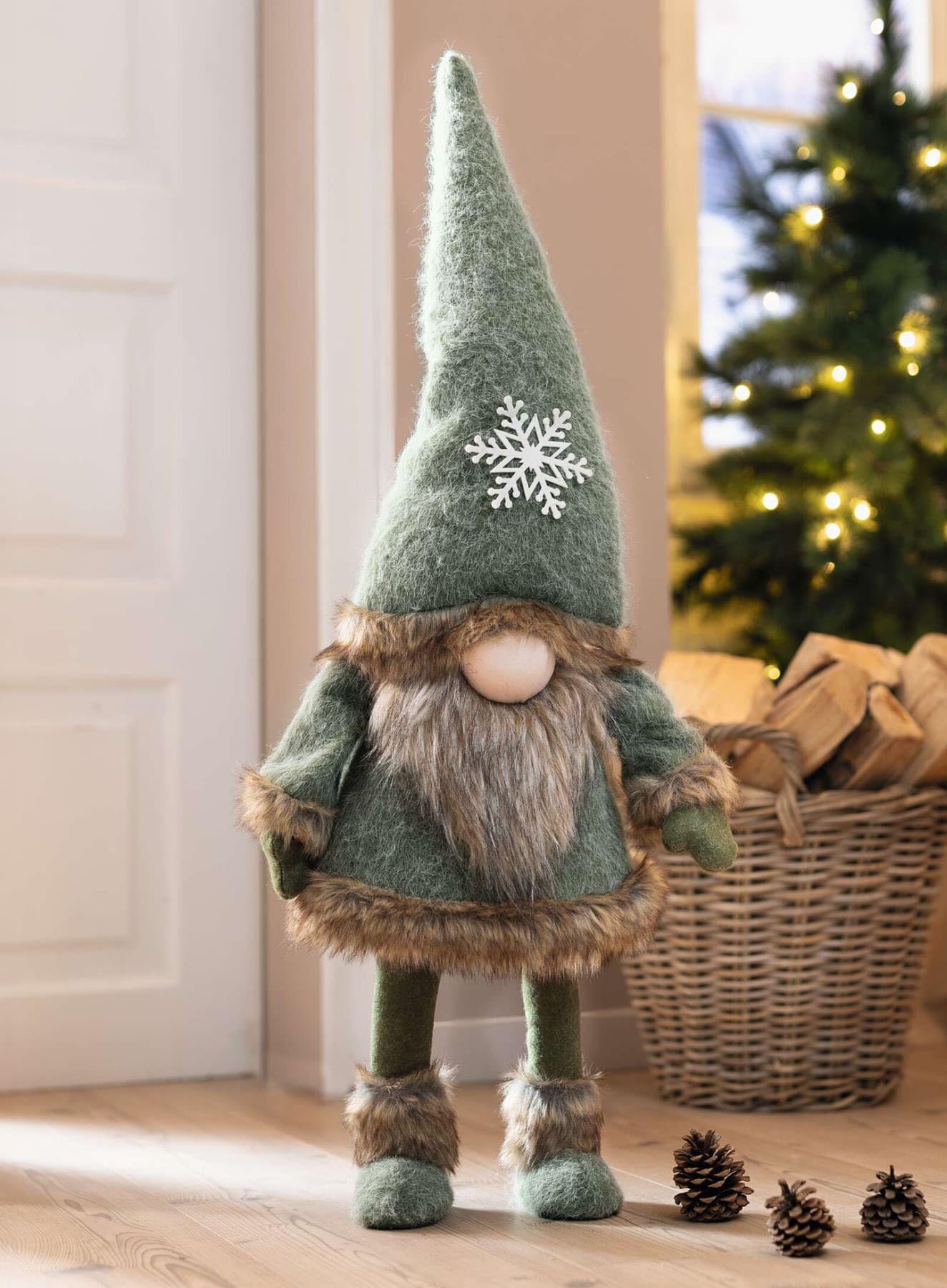 Dekoleidenschaft Großer Wichtel Schneeflocke grün, 90 cm hoch, Wackelfigur Weihnachtswichtel, Dekowichtel, Weihnachtsdeko, Dekofigur Weihnachten