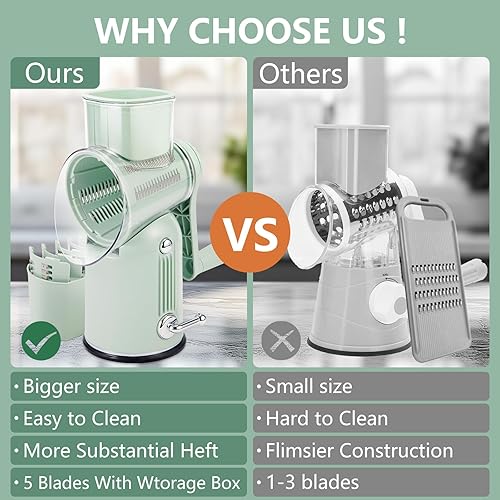 Miniatura 6 de Rallador de queso giratorio con mango rallador de queso 5 en 1, manivela de mano, base de succión fuerte para frutas y verduras, nueces con caja de