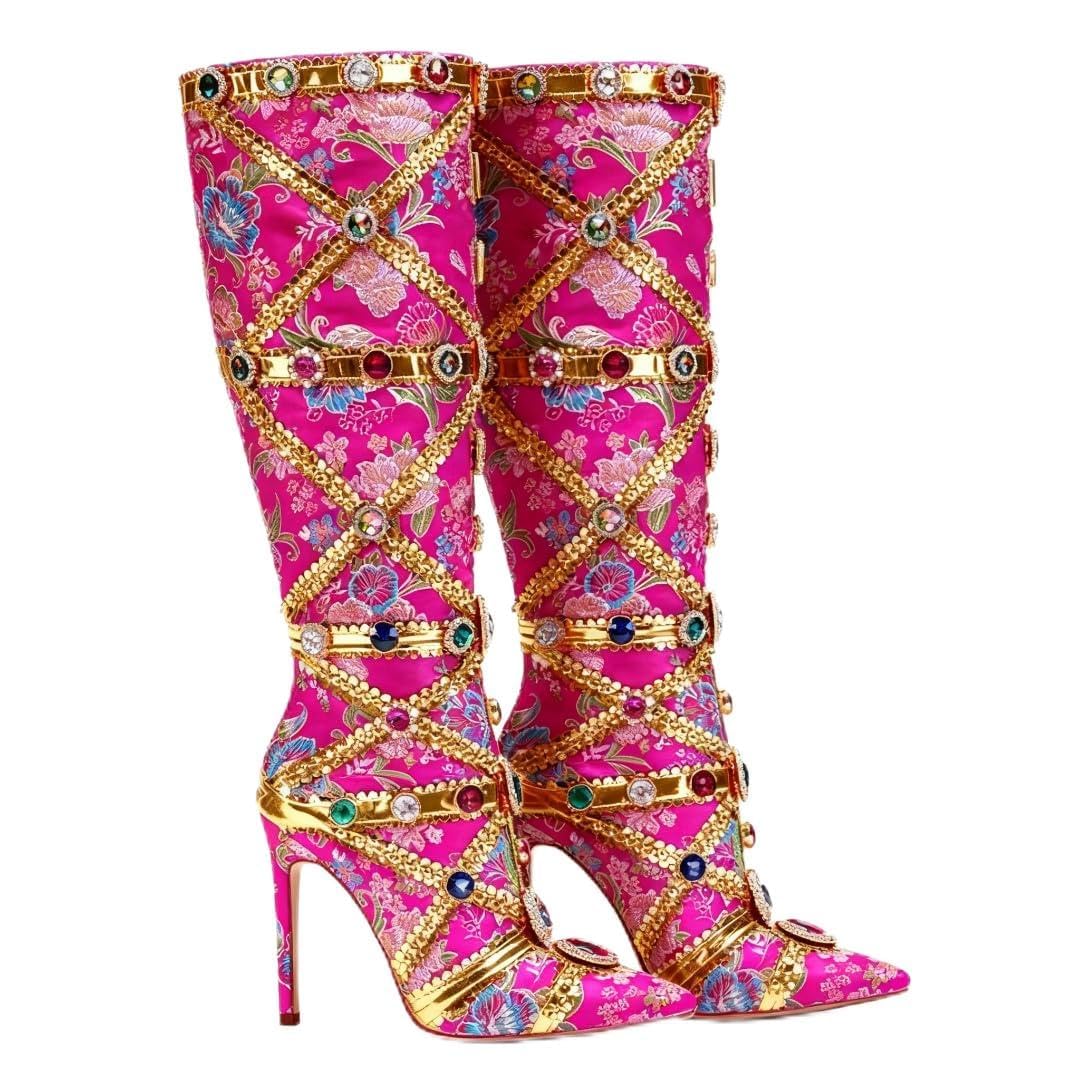 Womens Pointed Toe Stiletto Heel Brocade Satin Rhinestone-Embellished Knee-High Boots
