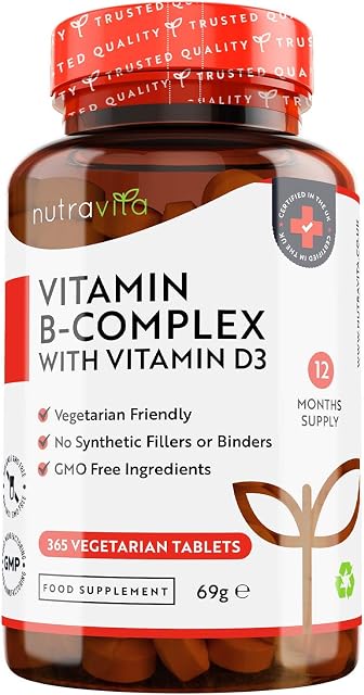 Vitamin B Complex High Potency - 1 Full Year Supply - 8 Vitamins B1-B2-B3-B5-B6-B12, Biotin, Folic Acid & VIT D3 in 1 High Strength Micro Tablet - Reduction of Tiredness - Made in The UK by Nutravita