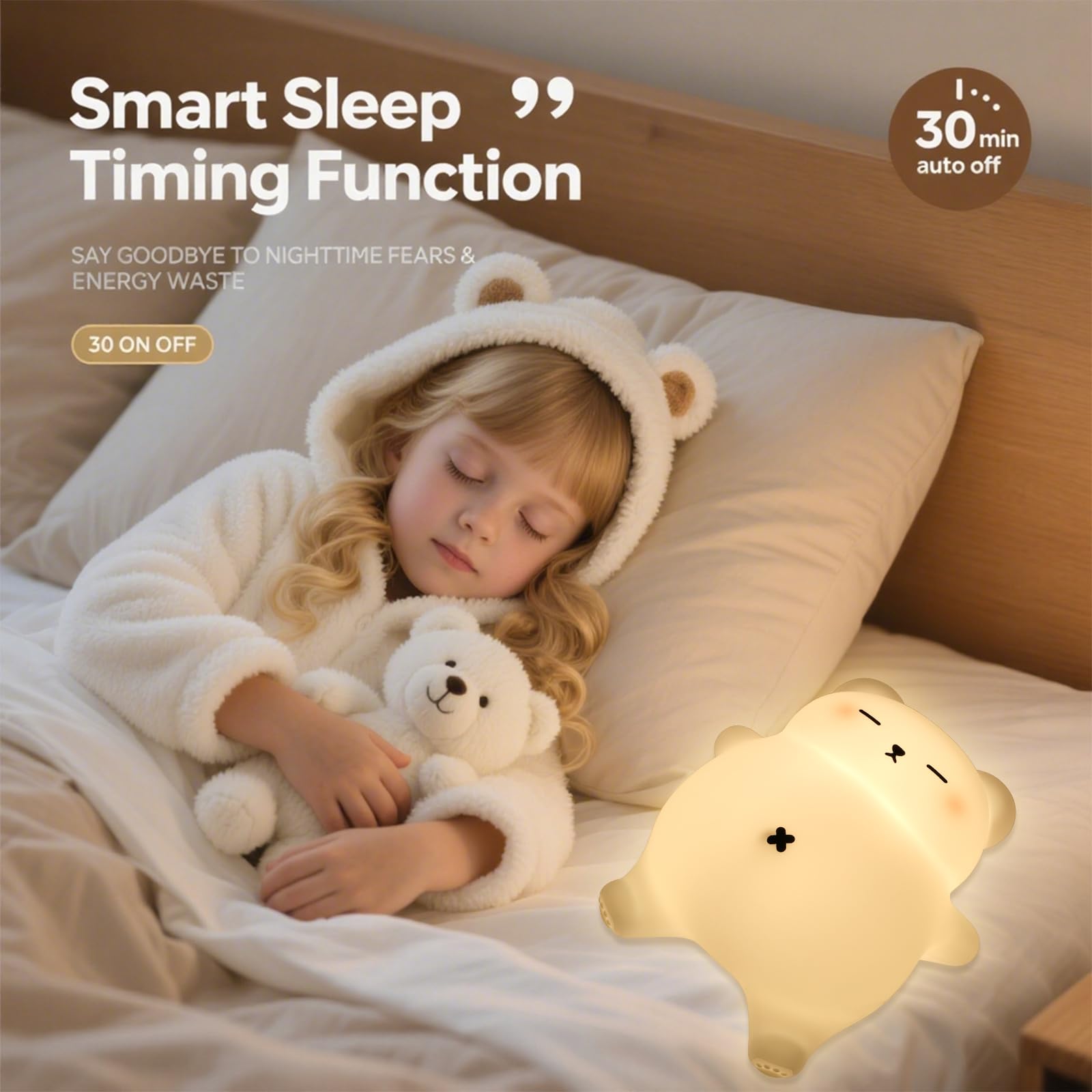 Luz nocturna de oso recargable, regalo de Navidad para mamá, regalos de baby shower con sonidos relajantes de ronquidos y barriga en movimiento, control táctil de atenuación de 3 niveles