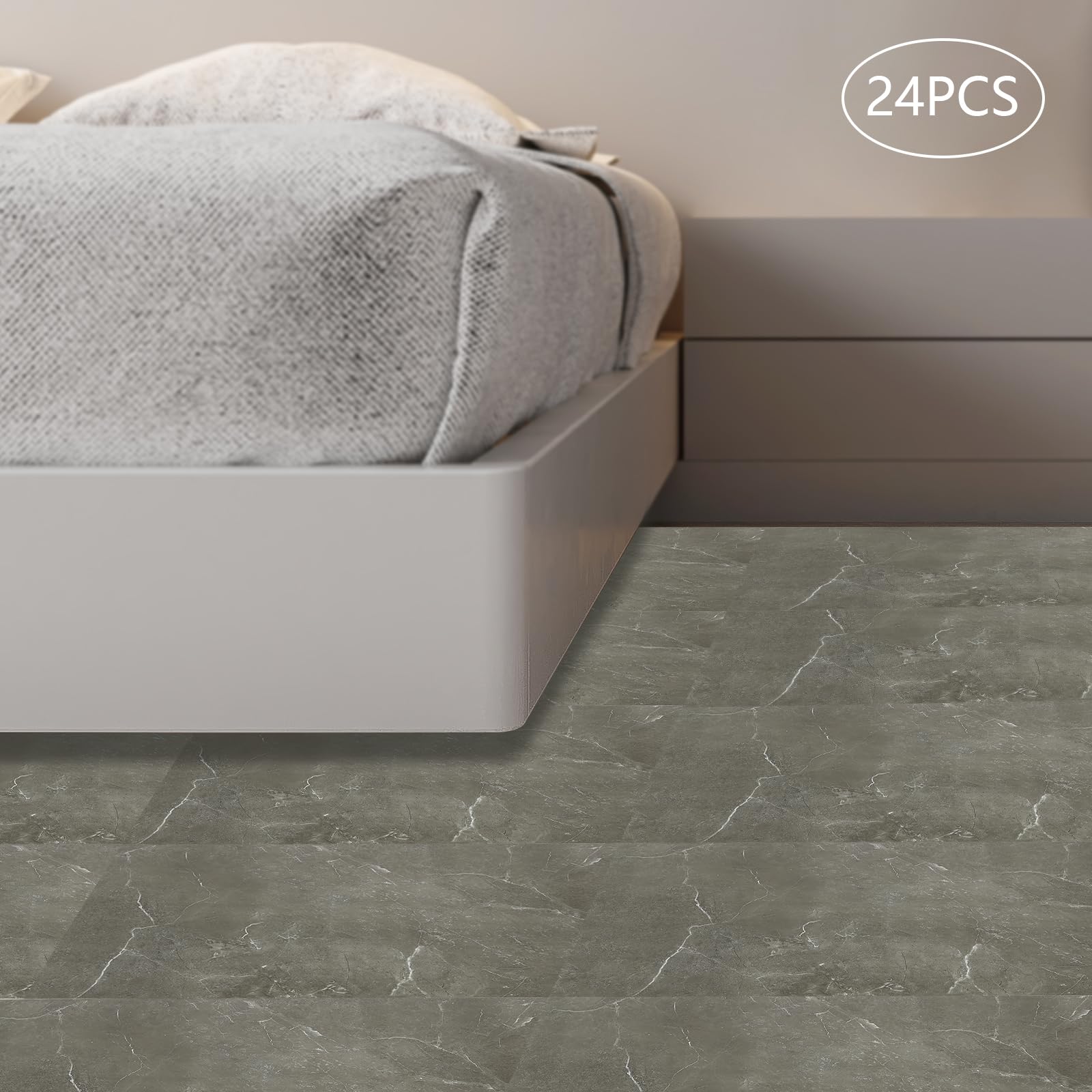 Lot de 24 dalles de sol autocollantes en PVC - 60 x 30 cm - Pour salon, chambre à coucher, salle à manger - Gris
