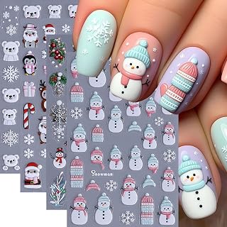 4 Sheets Christmas Snowman Nail Stickers for Nail Art 5D Self-Adhesive Snowman Deer Snowflake Candy Cane Xmas Tree Bears Nail Design Cute Penguin Sweater Hat Manicure Supplies for Nail Decorations 