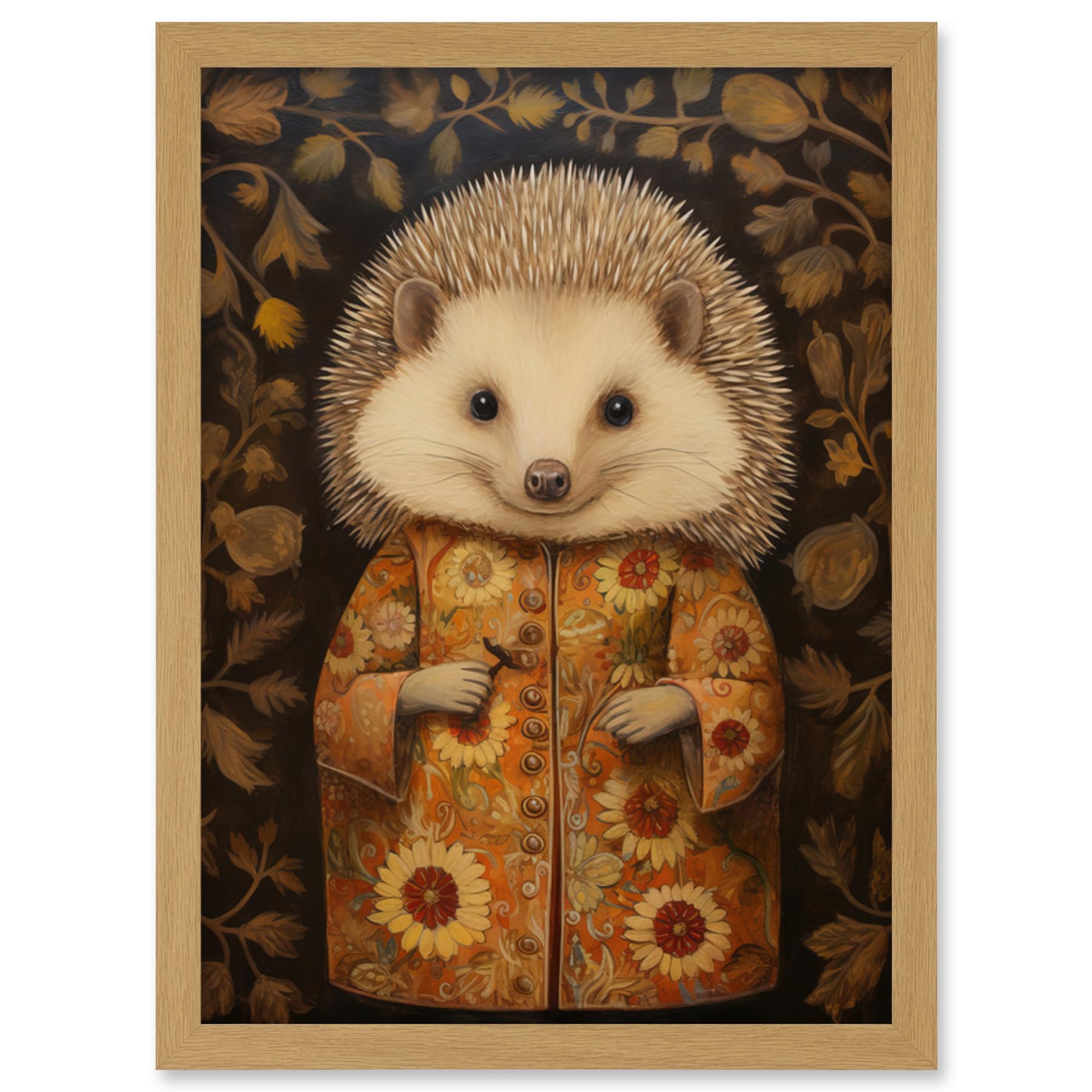 Artery8 Autumn Hedgehog in Sunflower Robe Modern Artwork Framed Wall Art Print A4