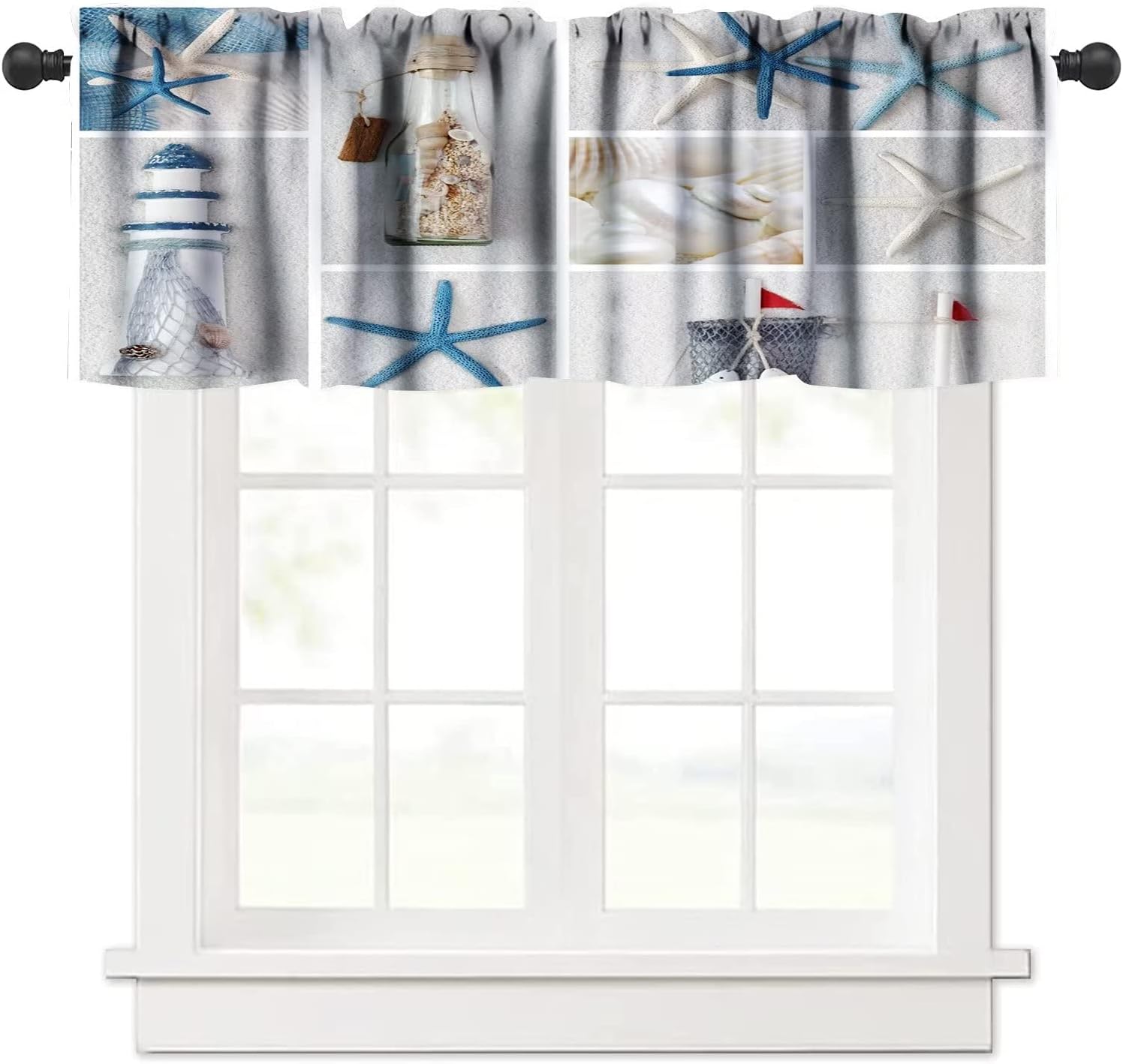Collage Starfish Sea Shell Lighthouse Boat Valances Curtains White Sand Beach Nautical Short Curtain Valance Kitchen Rod Pocket Drapes for Windows Panel Bedroom Bathroom Living Room Decor