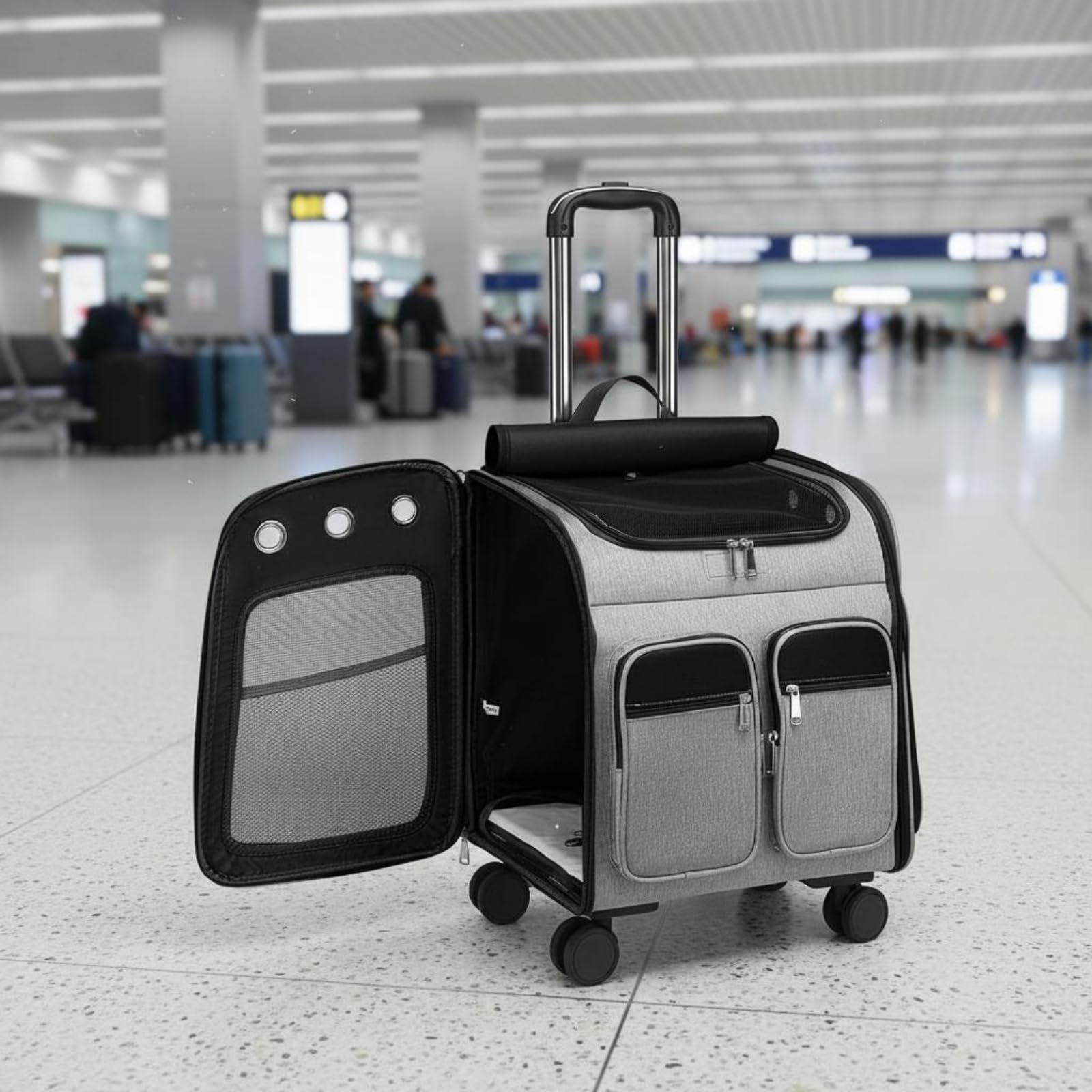 Transportín para Gatos con Ruedas Mochila Carrito y Bolsa Oxford con Paneles de Ventilación Cremallera Apertura y Gran Acceso Adecuado para, Gris, 40.9 Largo X 30 Ancho X 42.9 Alto Cm