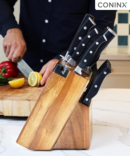 Miniatura 7 de Coninx Bloque universal para cuchillos con afilador integrado, soporte organizador de cuchillos de madera de acacia de 15 ranuras para encimera de