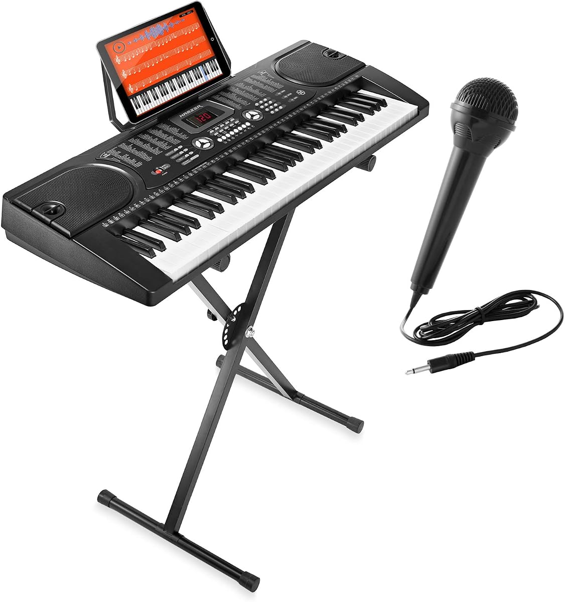 Hamzer 61 Key Electric Keyboard Piano with Stand for Beginners, Portable Digital Piano Keyboard Set with Built-In Speakers, Microphone, Keynote Stickers