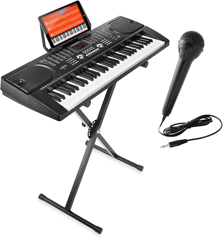 Hamzer 61 Key Electric Keyboard Piano with Stand for Beginners, Portable Digital Piano Keyboard Set with Built-In Speakers, Microphone, Keynote Stickers