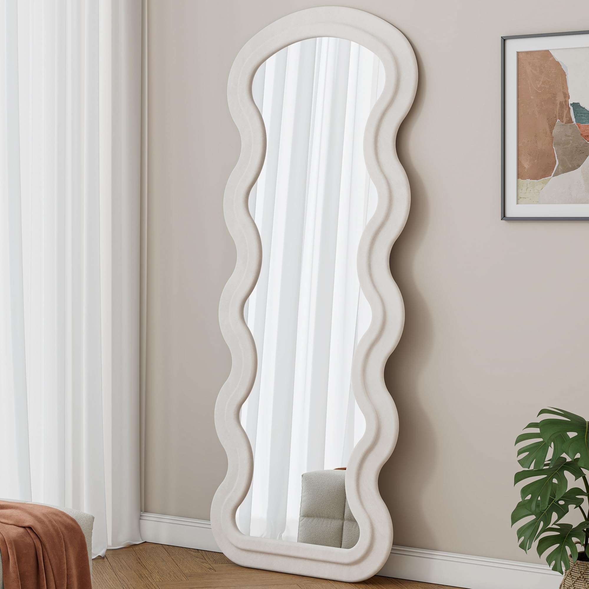 VeroFree Flannel Full Length Wave Floor Mirror Elegant Wall Hanging Mirror for Bedroom Living Room, White Stylish Functional é Cor