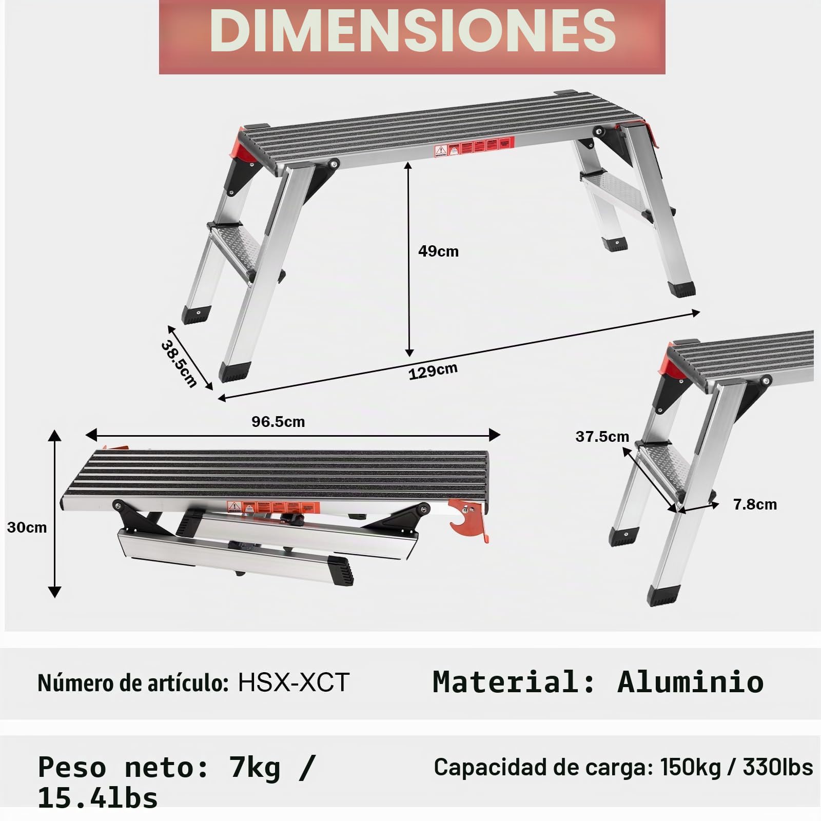 XinSunho Plataforma de trabajo de aluminio, escalera plegable, capacidad de 150 kg, banda de rodadura antideslizante, ideal para el hogar y el taller