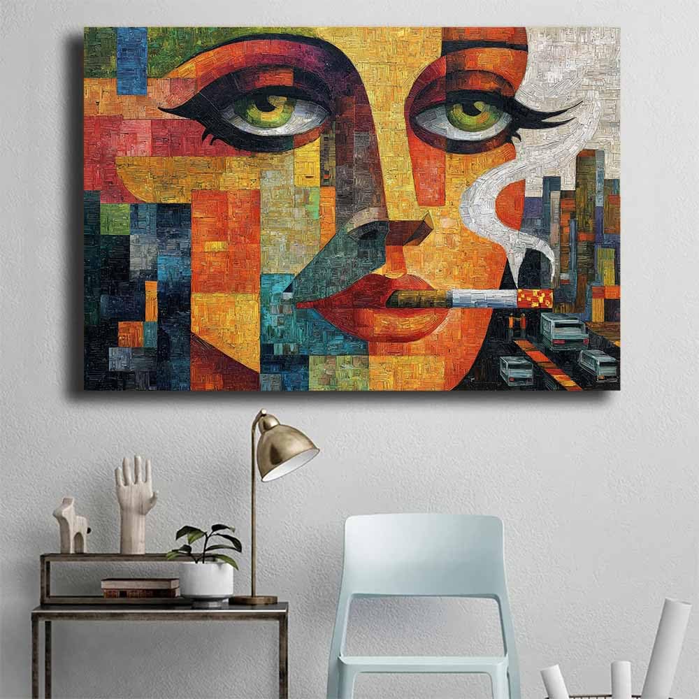 WUFIEA Ogólny abstrakcyjny obraz na płótnie kolorowa twarz dym do salonu sypialni biura dekoracja (khaki74) - 40 x 60 cm oprawiony