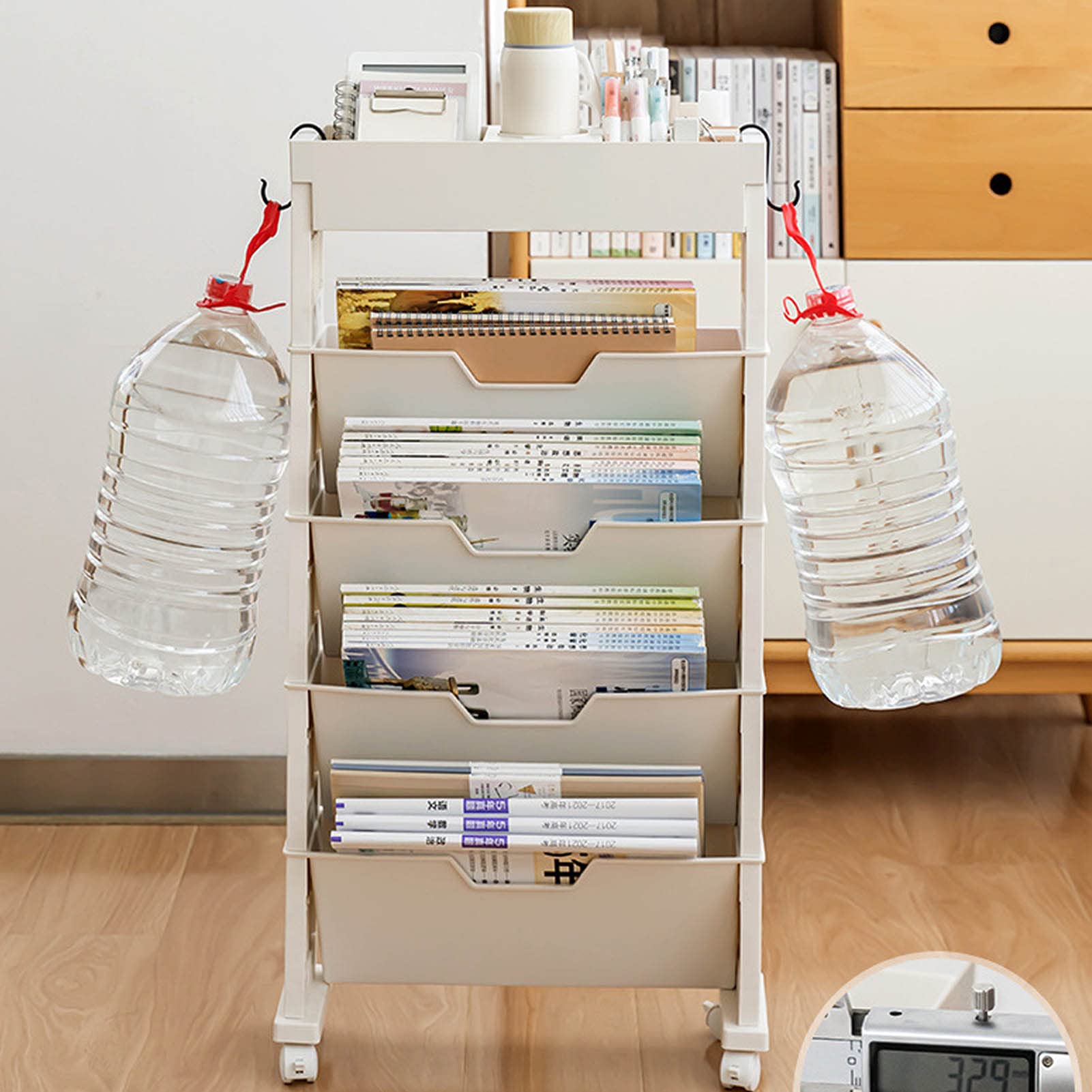 DADEA Carrito de Libros Móvil de 4 Niveles, Estante de Almacenamiento de Libros con Ruedas, Carrito Organizador de Carpetas de Archivos Móvil con Ruedas, Estantería Móvil Portátil Ideal(Beige)