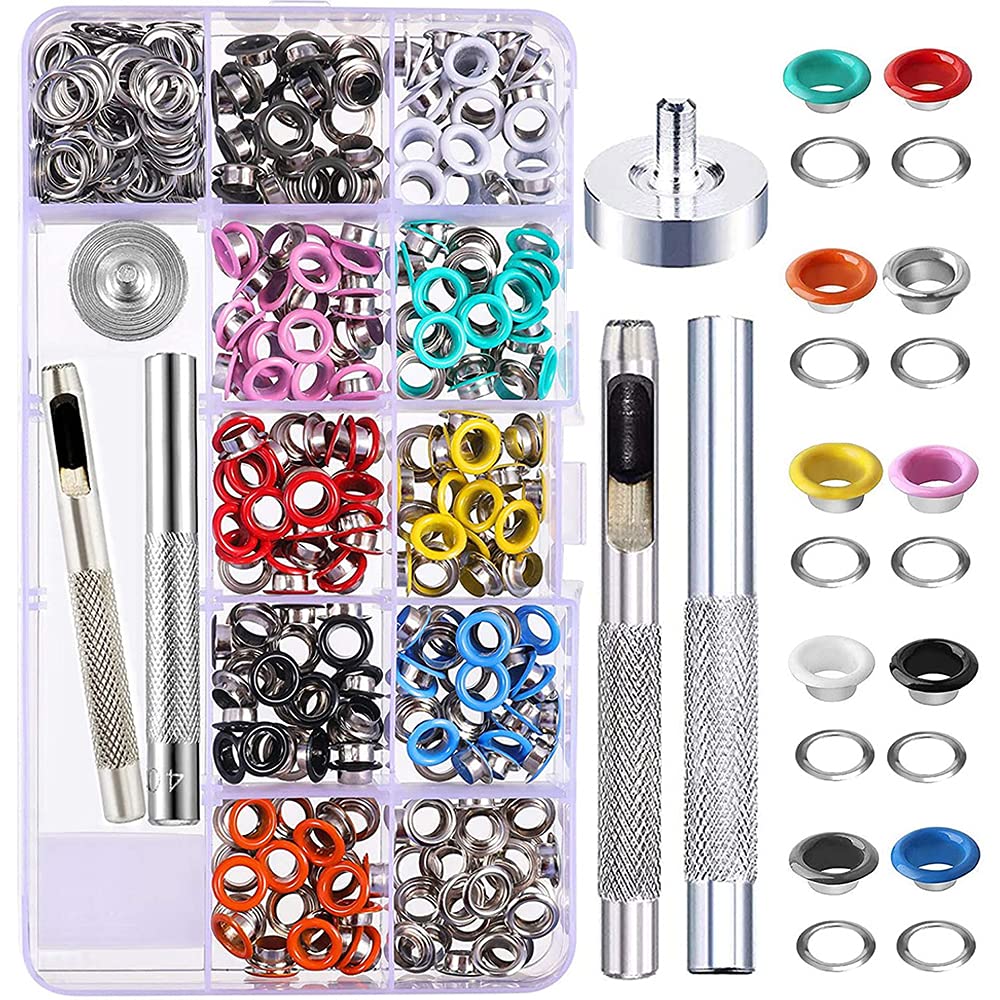 Grommet Eyelets, 500 Sets 5mm Eyelets Grommet Kit, Grommet Tool Kit, Tarpaulin Repair Kit, 10 Colors Metal Eyelets with 3 Grommet Setting Tool for Shoes, Clothing, Bag, Canvas, DIY Crafts - Style C