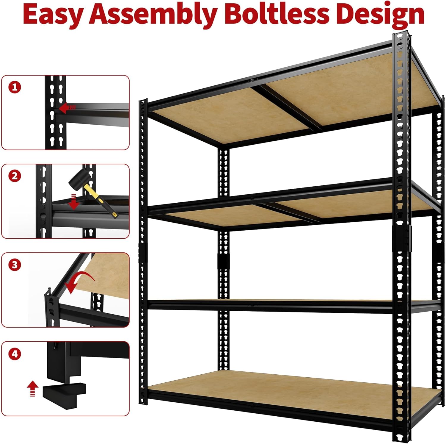 Heavy Duty Garage Shelving Unit, 4 Tier 2560LBS Standing Metal Storage Shelves Rack for Warehouse Basement Pantry, Industrial Adjustable Shelf with MDF Board, Easy Assemble, 60" H x 48" W x 24" D