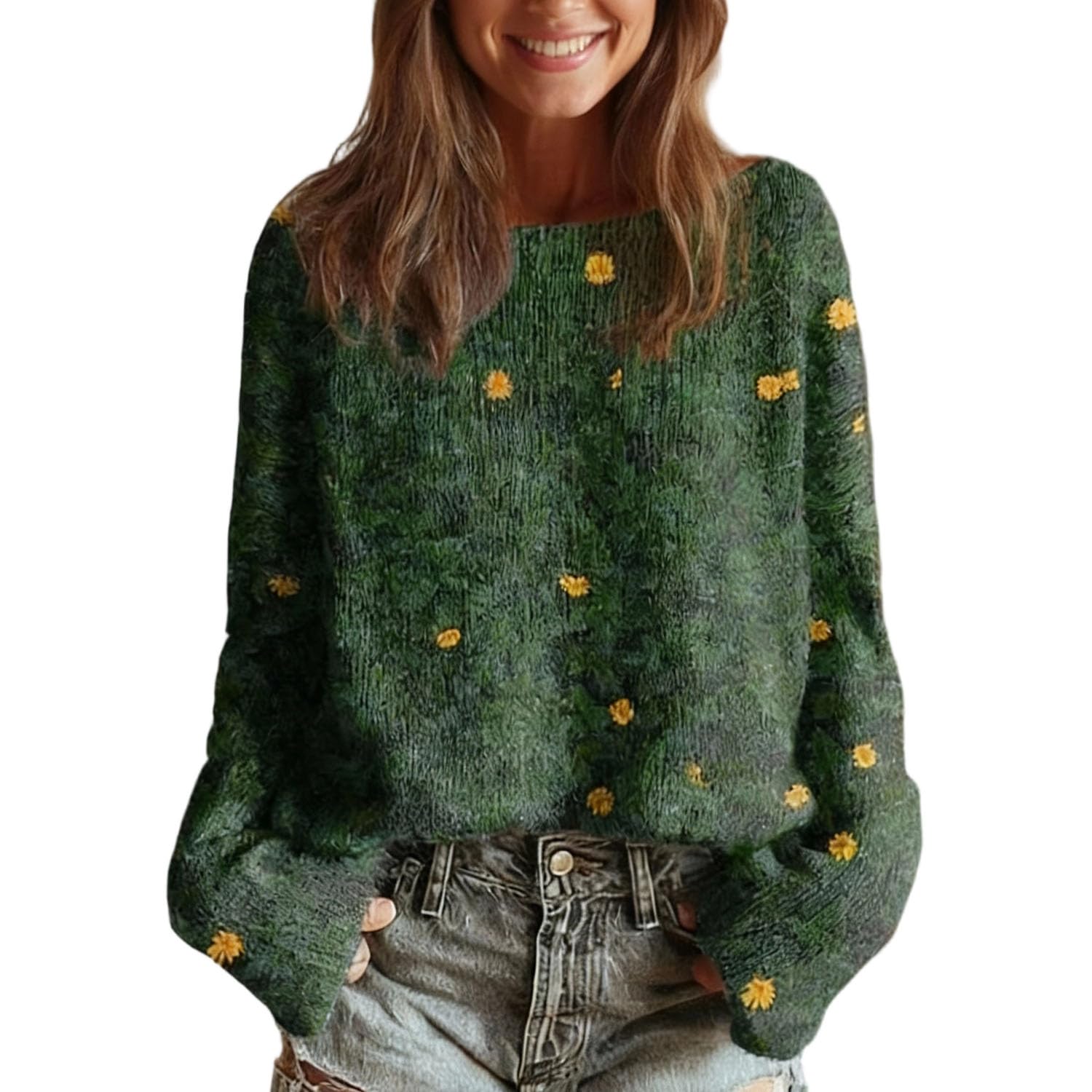 Womens Boho Floral Long Sleeve Knitted Pullover Tops Floral Printed Boat Neck Dropped Shoulders Pullover Tops