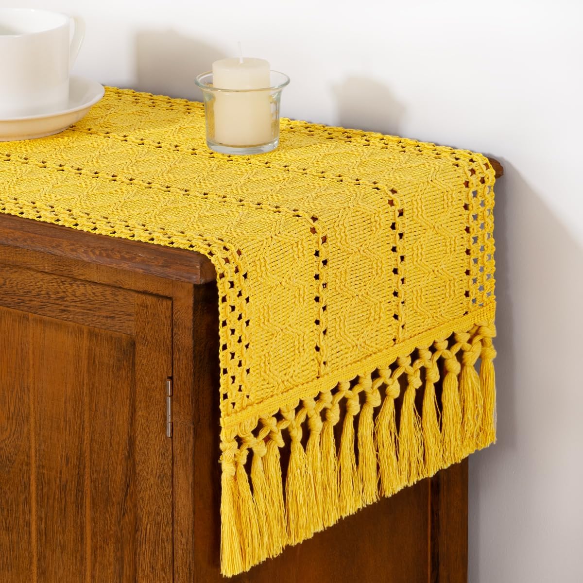 DeZerlor Boho Macrame Table Runner Spring Easter Farmhouse Woven Small Table Runner with Tassels 36 Inches Gold Yellow Cotton Linen Kitchen Table Decor for Dining Dresser Home Tea Table Decor