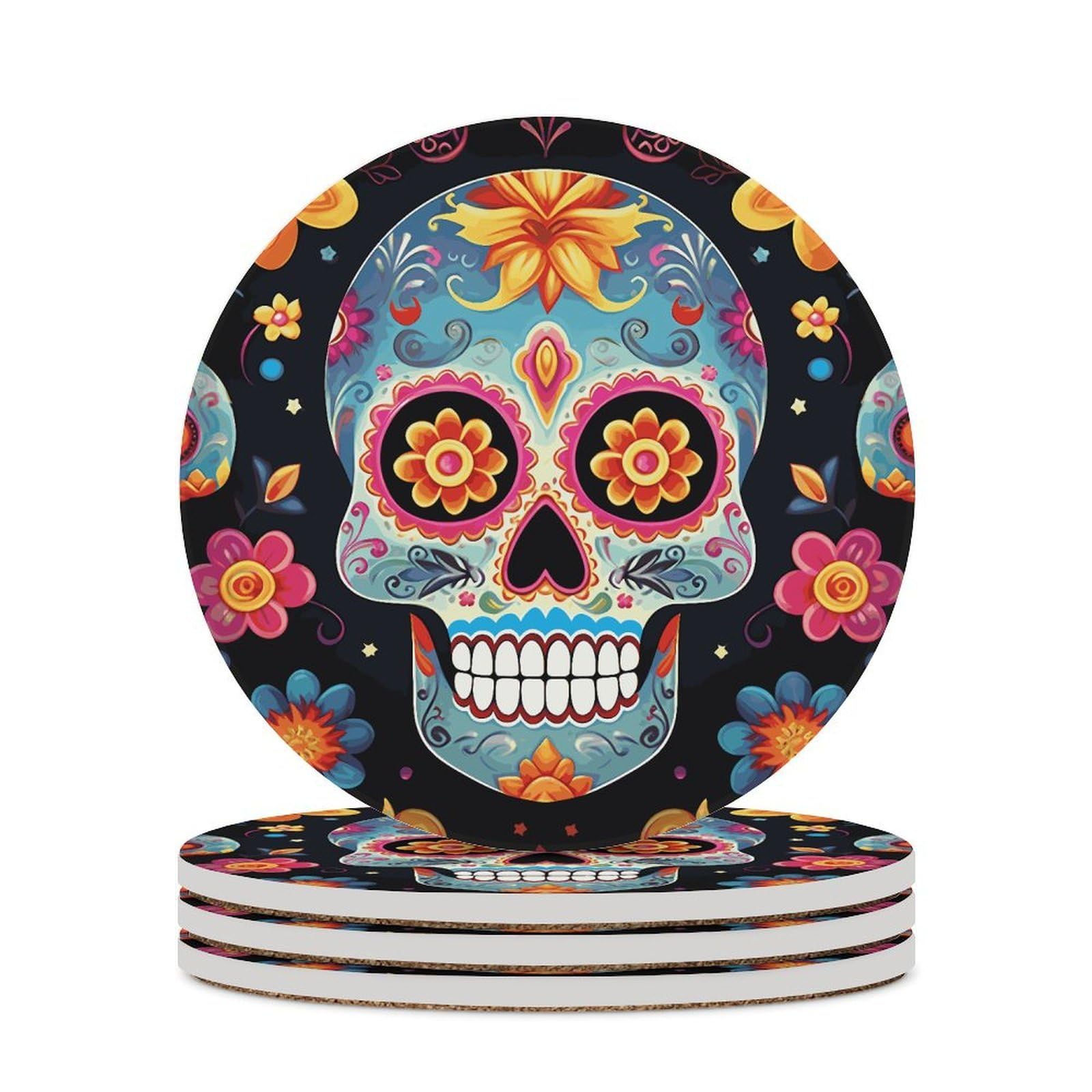Sugar Skulls Coaster with Cork Base Drink Coasters for Coffee Table Decor Modern Cup Coasters with Non-Slip & Heat-Resistant Cute Ceramic Table Coaster for Home Dining