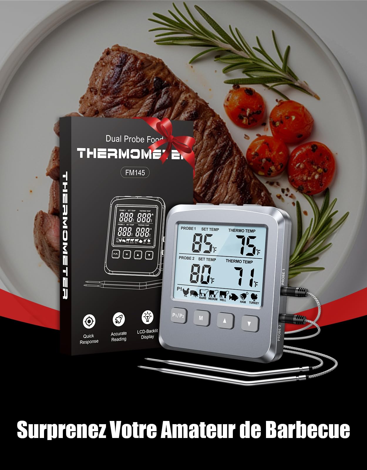 Thermomètre Cuisine Numérique Double Sonde avec Grand Écran LCD, Alarme et Lecture Rapide