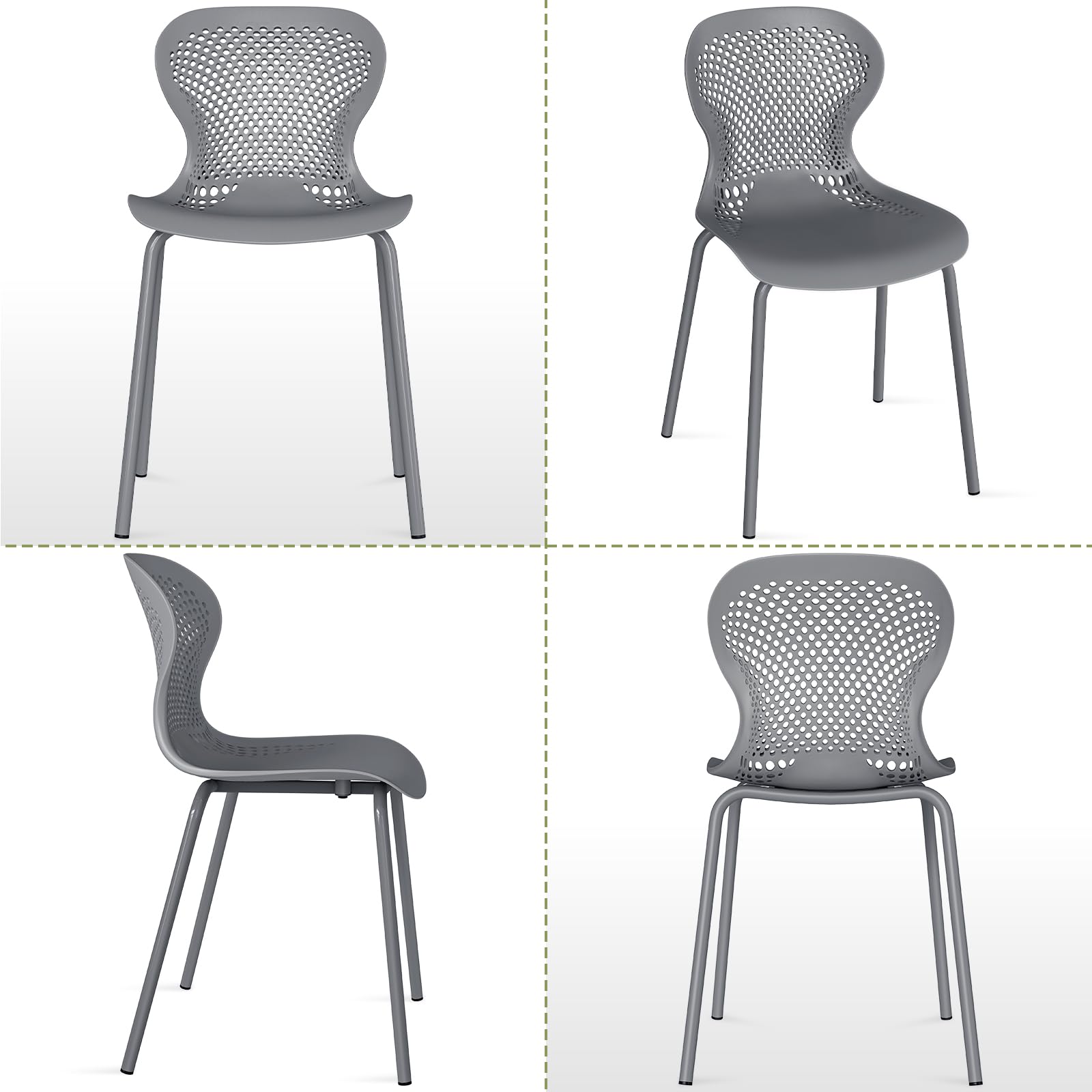 JIJIAN Set di 4 Sedie Sala da Pranzo Impilabili, Sedia da Cucina con Gambe in Metallo, Sedie da Giardino in Plastica, per Sala da Pranzo, Soggiorno, Giardino, Balcone e Terrazza, Grigio