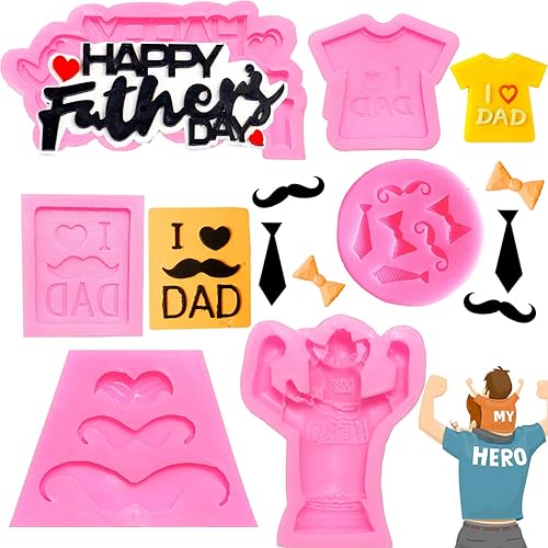 Doumeny 6 moldes para fondant para el día del padre, con texto en inglés "I love dad", molde de silicona para bigote, para hornear, lazo, barba,