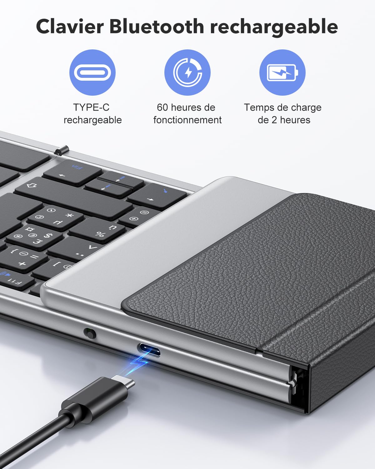 OMOTON Clavier Bluetooth Pliable avec Pavé Numérique, Clavier sans Fil AZERTY Rechargeable, Pleine-Taille, Portable Keyboard pour Android Windows iOS Mac iPad Tablette PC, Gris sidéral | Rechargeable, Multi-appareils, Portable, 60h Autonomie, Support inté