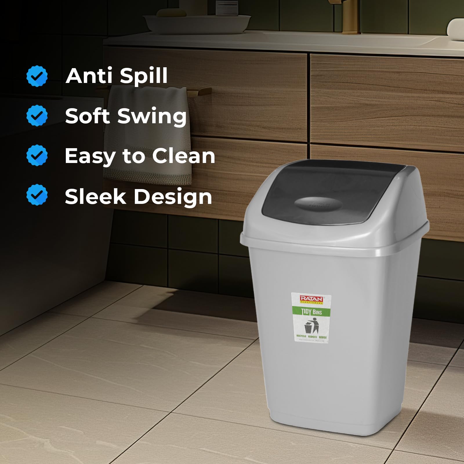 RATAN PLASTICWARE Tidy Bin with Swing Lid 15 Litres Plastic Dustbin, Trash Bin, Garbage Waste Bin For Home, Bathroom, Kitchen, Office, Bedroom Grey Color 4