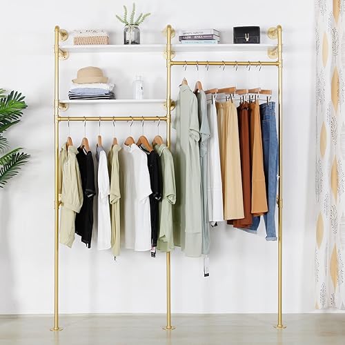 EDCB Perchero industrial de tubería montado en la pared con estante de almacenamiento de 2 niveles, estante de ropa de metal resistente negro para