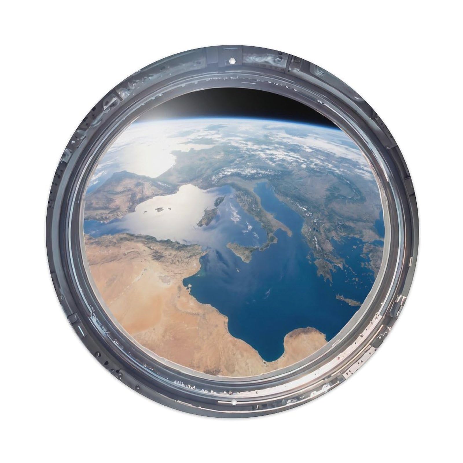 Metal Tin Sign Earth Mediterranean Sea from Space Station Porthole