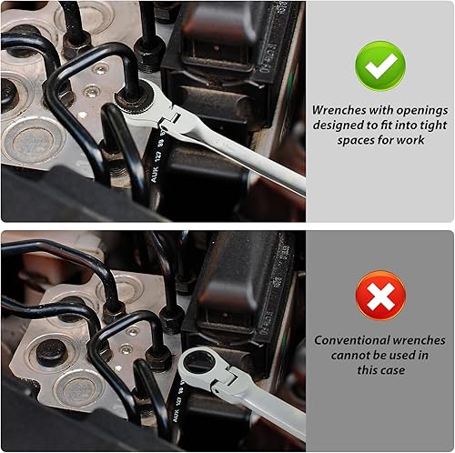 Miniatura 8 de LOSCHEN 1 llave de trinquete de cabeza flexible abierta de 0.591 in, llave de trinquete métrica con 76 dientes, llave de trinquete de tubo de acero