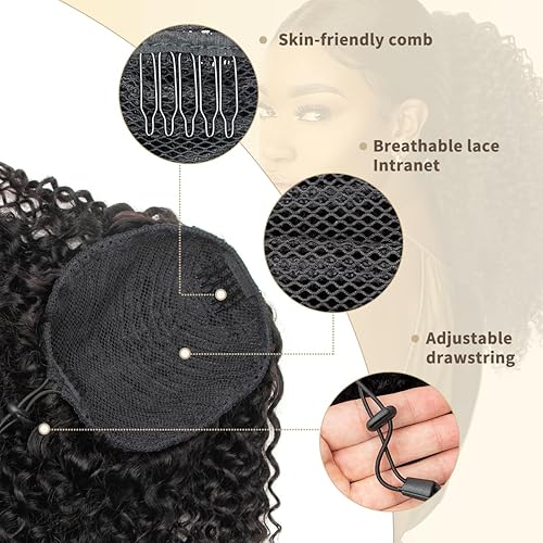 Miniatura 6 de Isheeny Cola de Caballo Rizada con Cordón para Mujeres Negras, Extensión de Cabello Humano de 16 Pulgadas, Estilo Protector para Cabello 4A 4B 4C