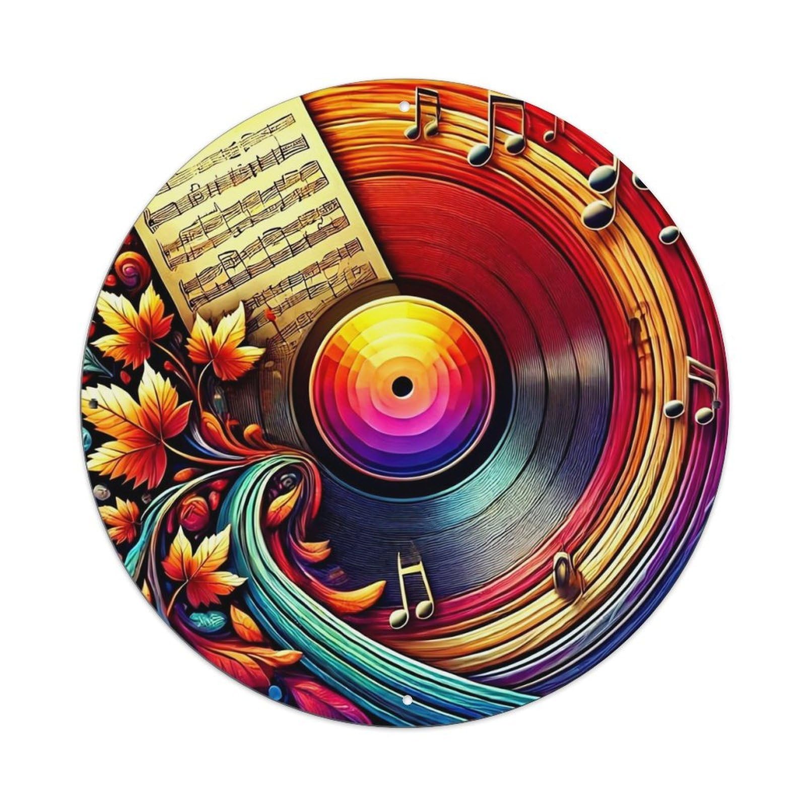 Music Notes Autumn Leaves Vinyl Record Vintage Round Tin Sign Retro Metal Wall Decor Metal Poster, Home Bar Garage Cafe Wall Art Decoration 8x8Inches