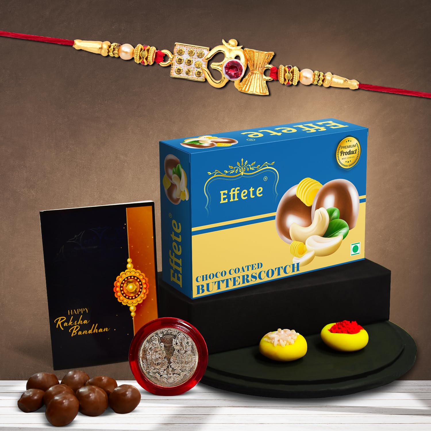 DeoDap Rakhi For Brother Set Of 1 with Effete Chocolate Butter Scotch (K1_263_BS32)