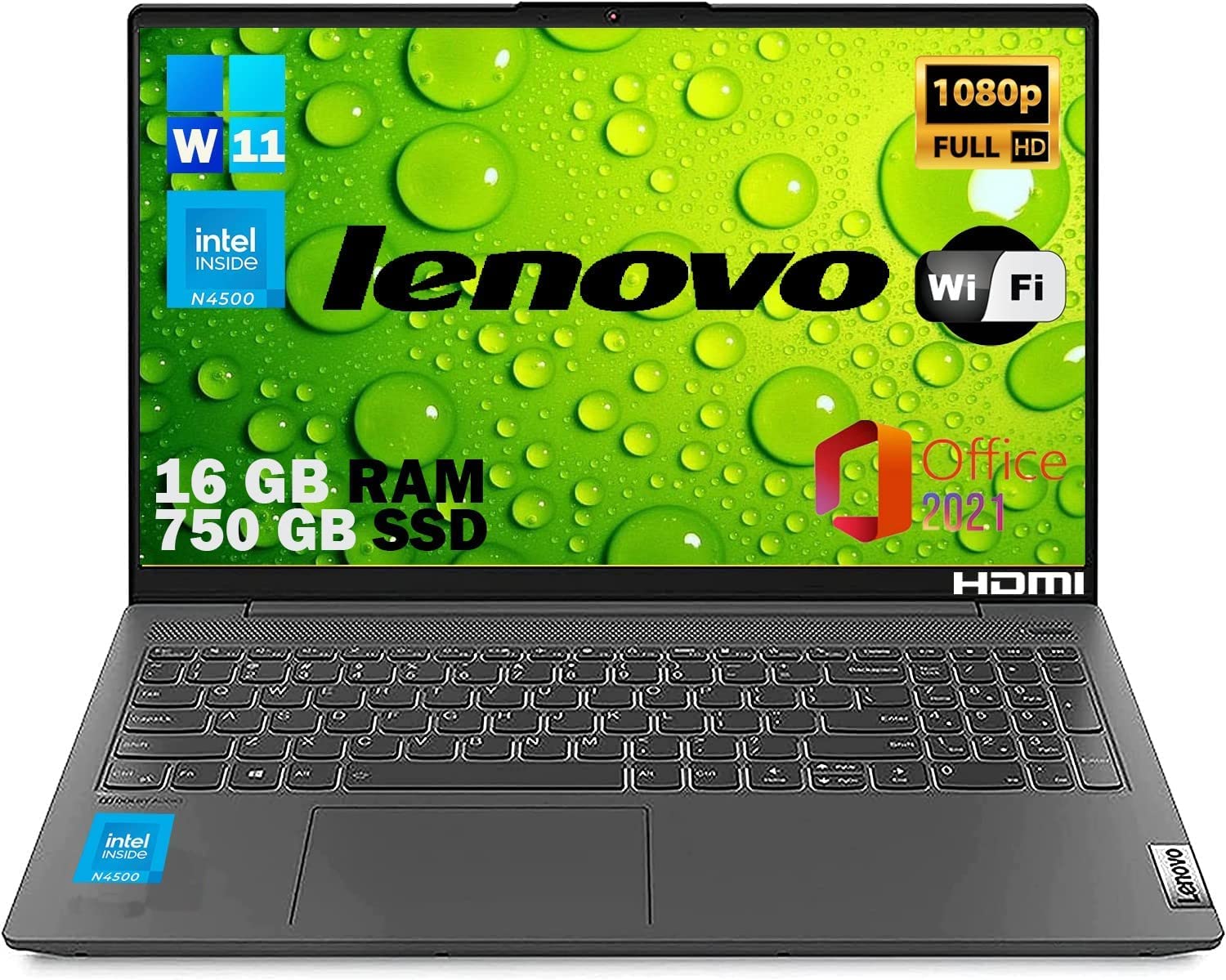 Lenovo, Pc portatile notebook pronto all'uso, Display FHD da 15,6", cpu N4500, ram 16Gb, ssd Nvme 500Gb, win 11 pro, Mouse Wifi