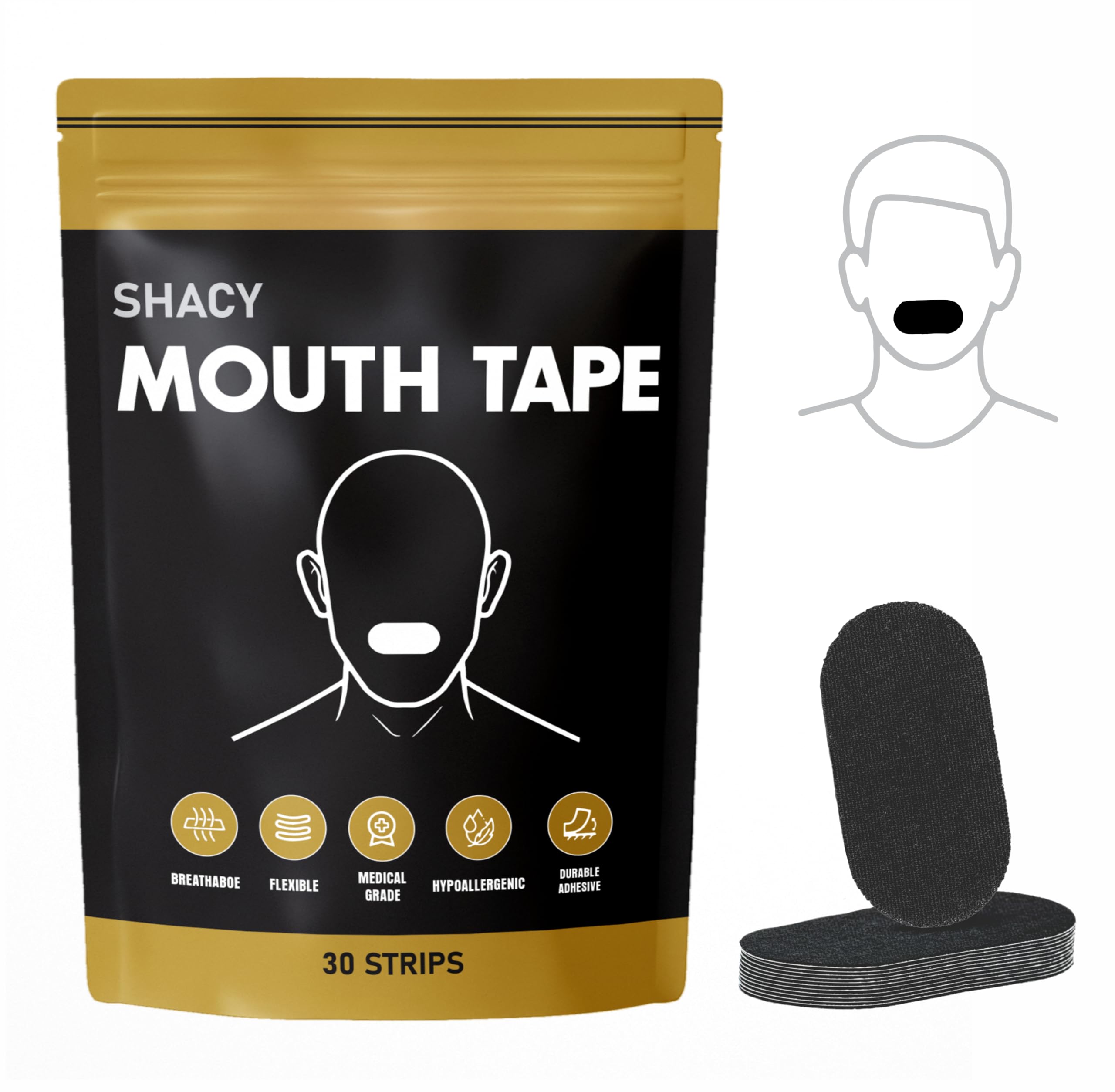 Mouth Tape for Sleeping Men and Women (30 Strips-Black) - Mouth Tape - Snoring Aid and Sleep Tape | Improved Nasal Breathing - Easy to Apply and Remove - Strong Adhesion by SHACY