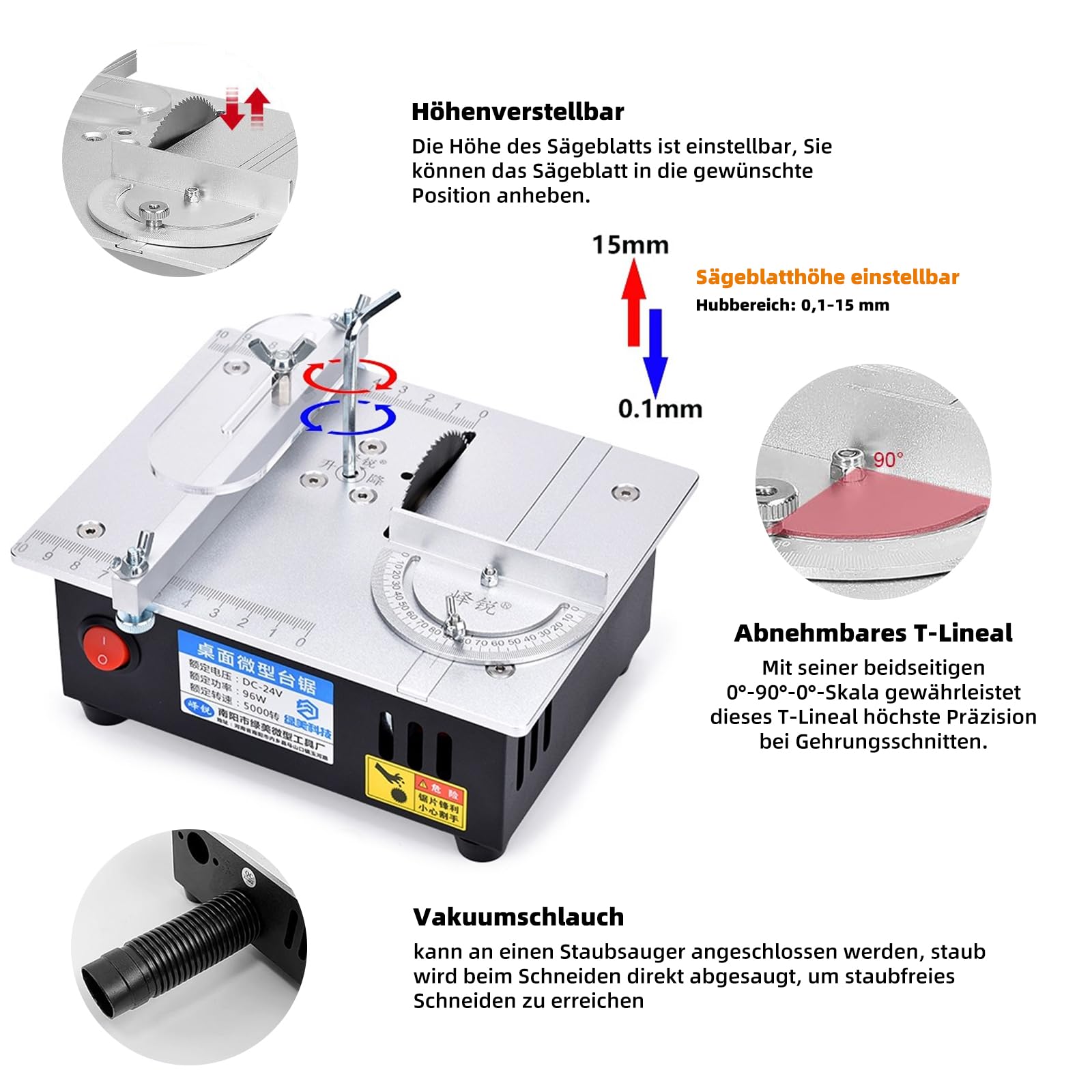 Mini Tischkreissäge, 7-Gang-Netzteil Einstellbarer,Tischkissägen Tragbare Präzisions Table Saw 0,1-15mm Sägeblatt Hönverstellbarer, Tischkreissäge mit 4 Klingen für DIY-Holzbearbeitugsprojekte