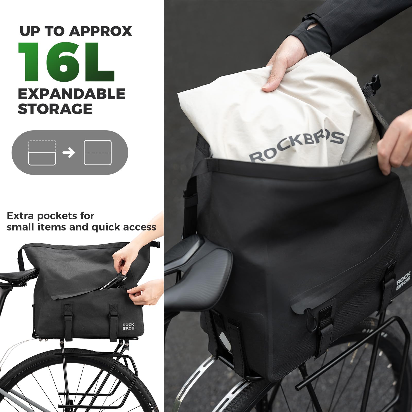 ROCKBROS wasserdichte Fahrrad Gepäckträgertasche mit Rollverschluss | Robust Fahrradtasche Umhängetasche, mit Schultergurt, Reflektierendes Logo, für Pendeln Touren und Alltag, 16 L