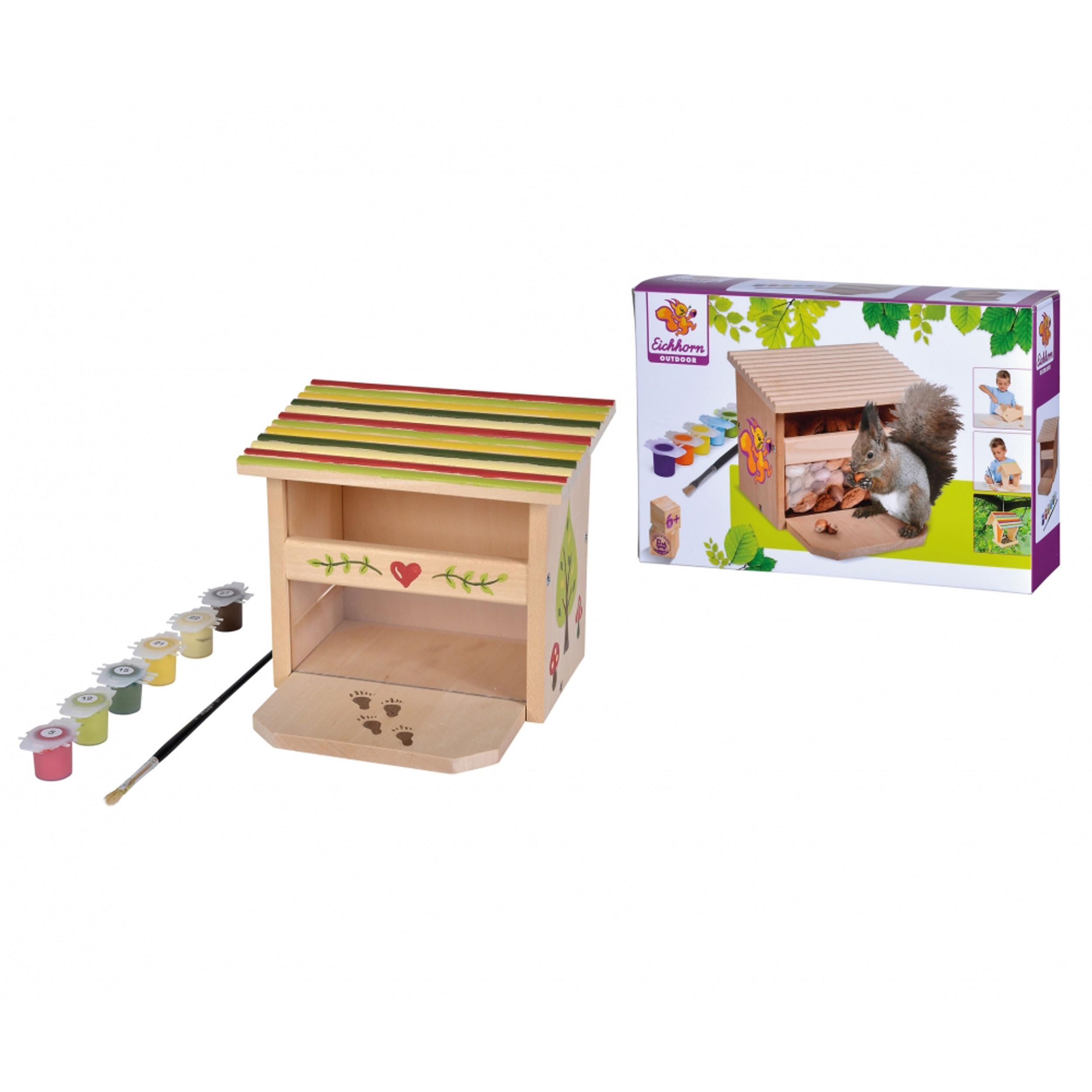 Eichhorn - Outdoor Futterhaus - Eichhörnchen Futterhaus zum Zusammenbauen und Bemalen, inkl. Pinsel und Farbe, aus Lindenholz, für Kinder ab 6 Jahren geeignet 100004586